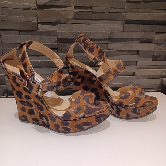 Jimmy CHOO leopard fabric print strappy anckle sandals platforms wedges - Picture 4 of 10